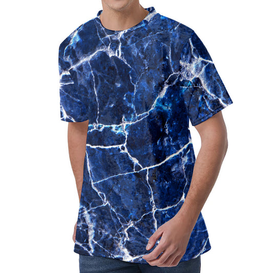 Blue White Marble Print Men's Velvet T-Shirt