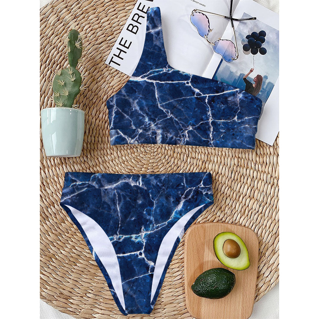 Blue White Marble Print One Shoulder Bikini Top