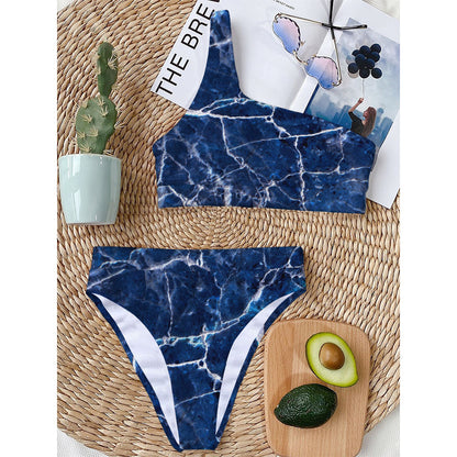 Blue White Marble Print One Shoulder Bikini Top
