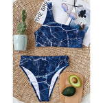 Blue White Marble Print One Shoulder Bikini Top