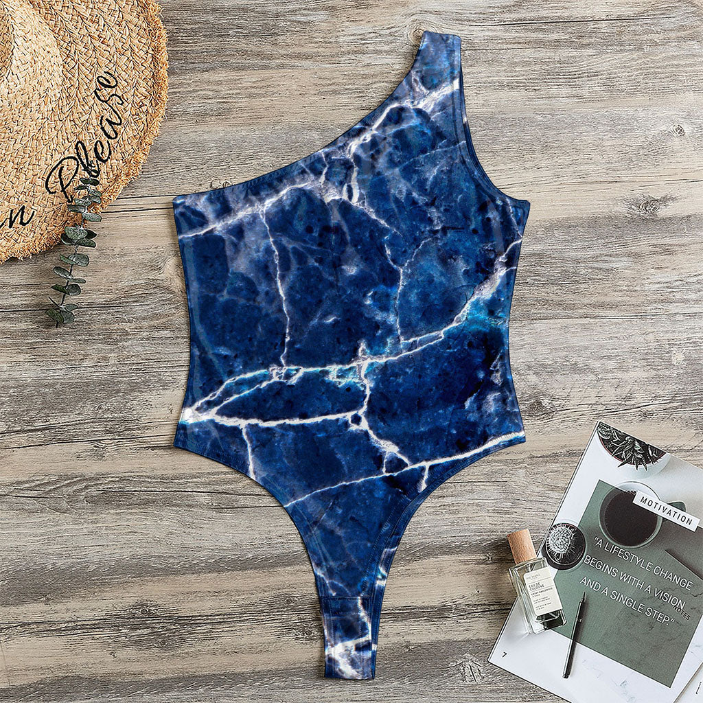 Blue White Marble Print One Shoulder Bodysuit