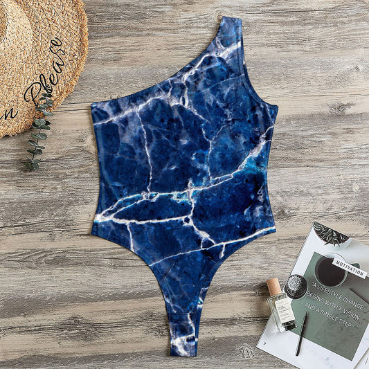 Blue White Marble Print One Shoulder Bodysuit