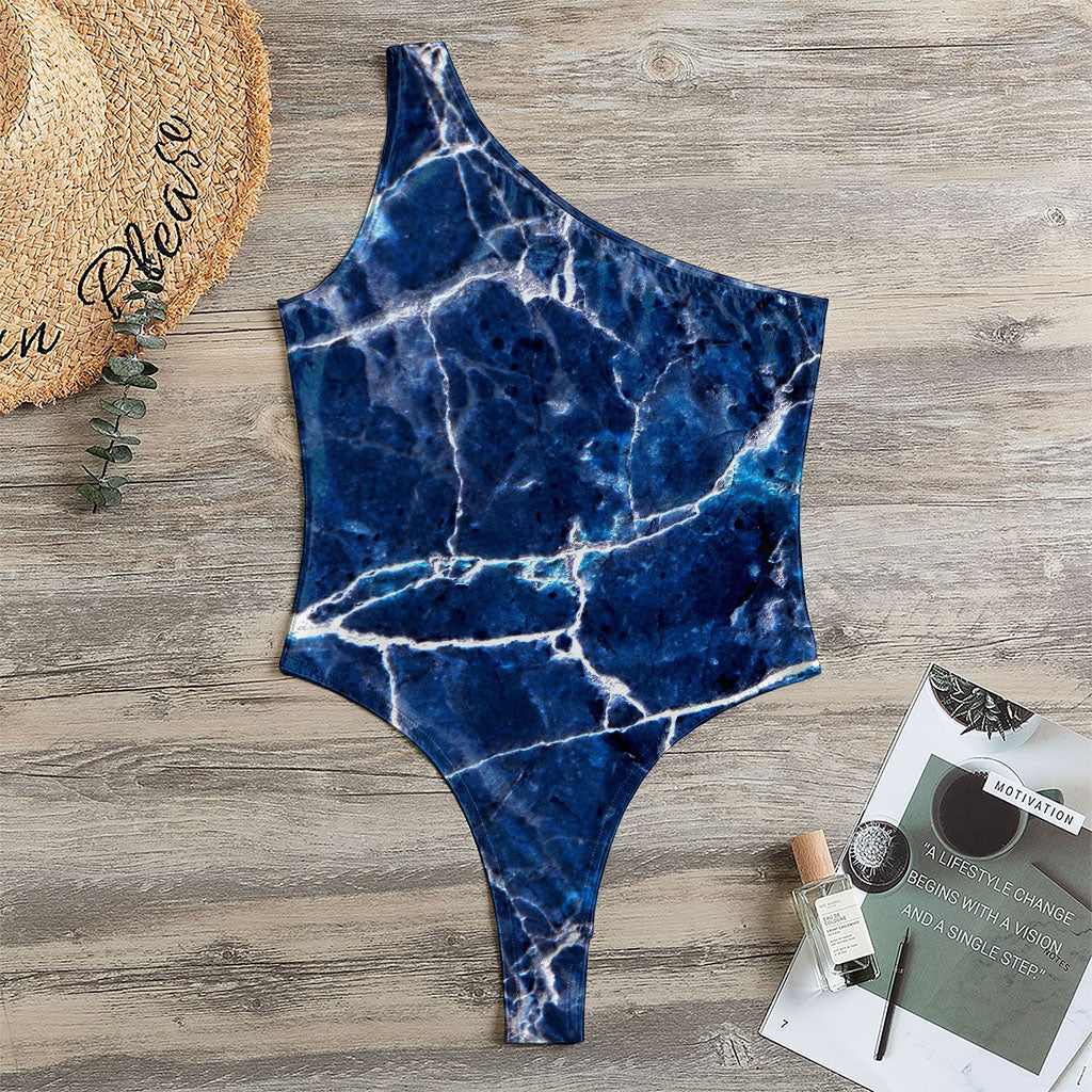 Blue White Marble Print One Shoulder Bodysuit