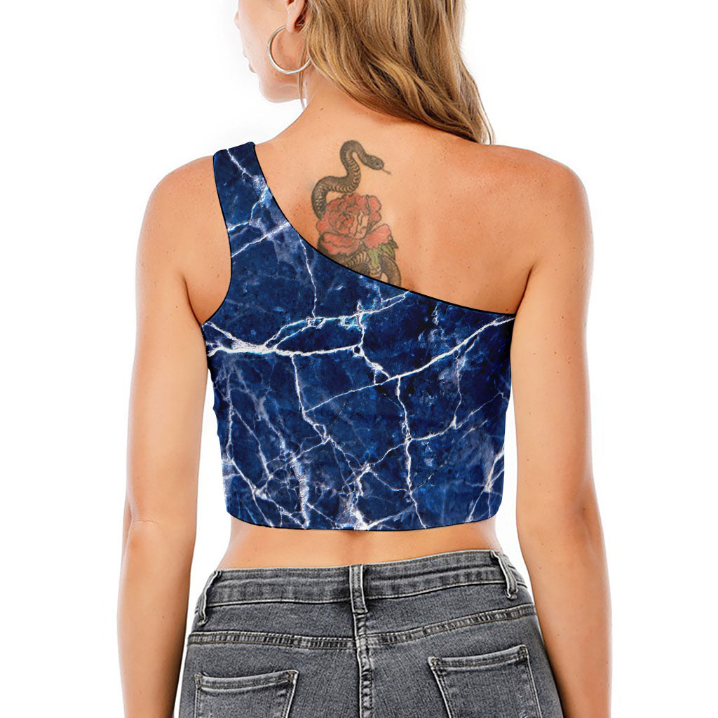 Blue White Marble Print One Shoulder Crop Top