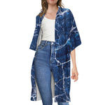 Blue White Marble Print Open Front Beach Cover Up