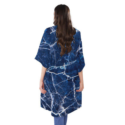 Blue White Marble Print Open Front Beach Cover Up