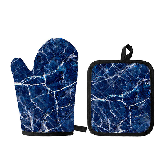 Blue White Marble Print Oven Mitt And Pot Holder Set