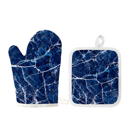 Blue White Marble Print Oven Mitt And Pot Holder Set