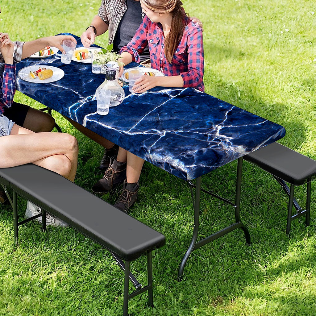 Blue White Marble Print Picnic Table Cover