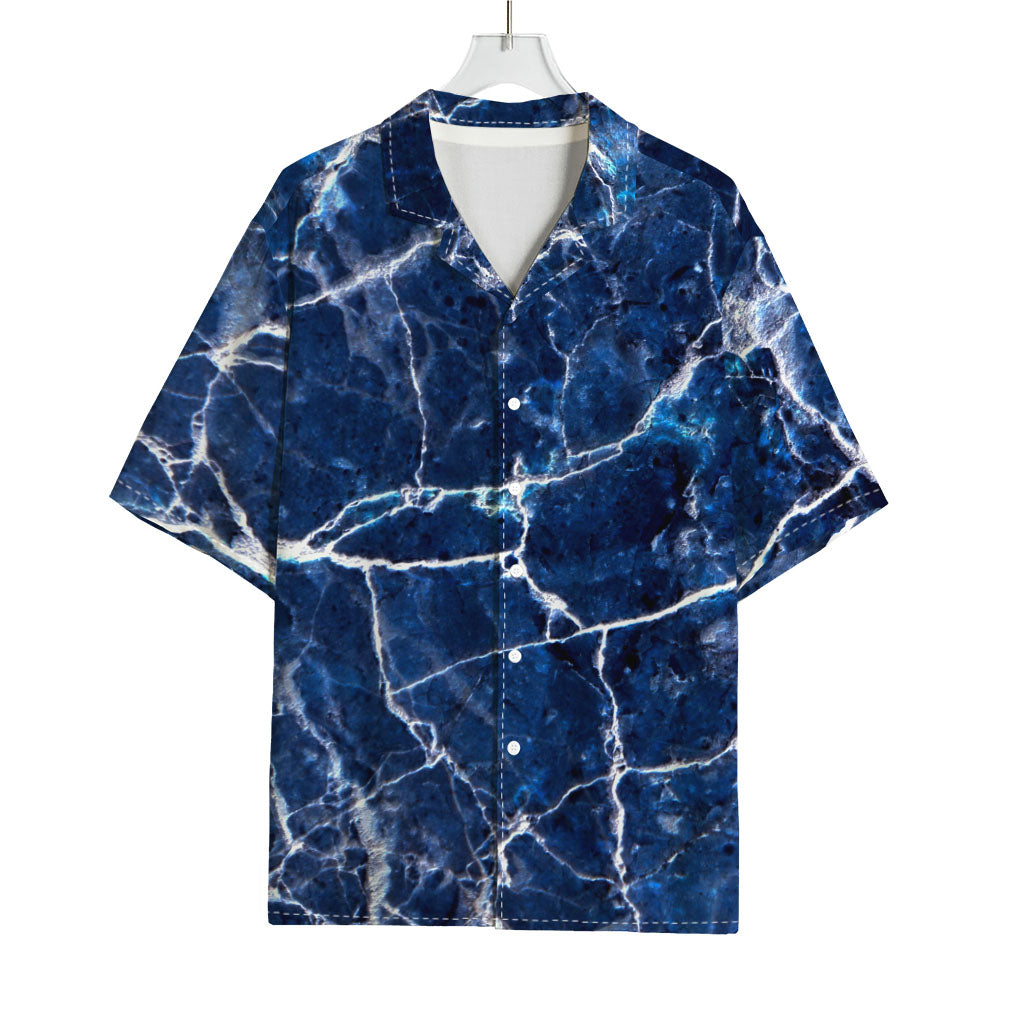 Blue White Marble Print Rayon Hawaiian Shirt
