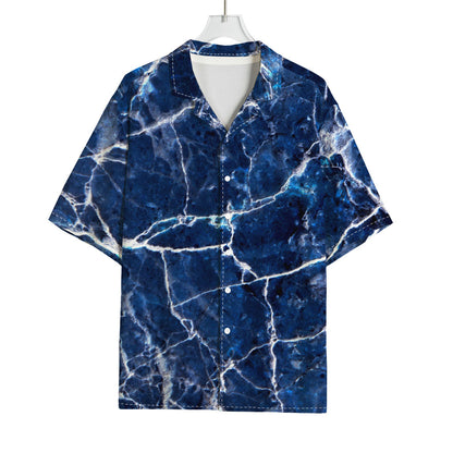 Blue White Marble Print Rayon Hawaiian Shirt