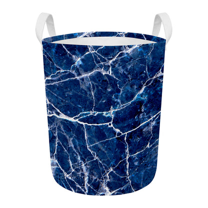 Blue White Marble Print Round Laundry Basket