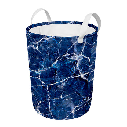 Blue White Marble Print Round Laundry Basket