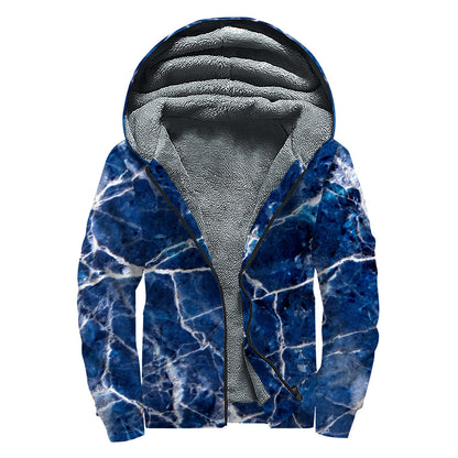 Blue White Marble Print Sherpa Lined Zip Up Hoodie