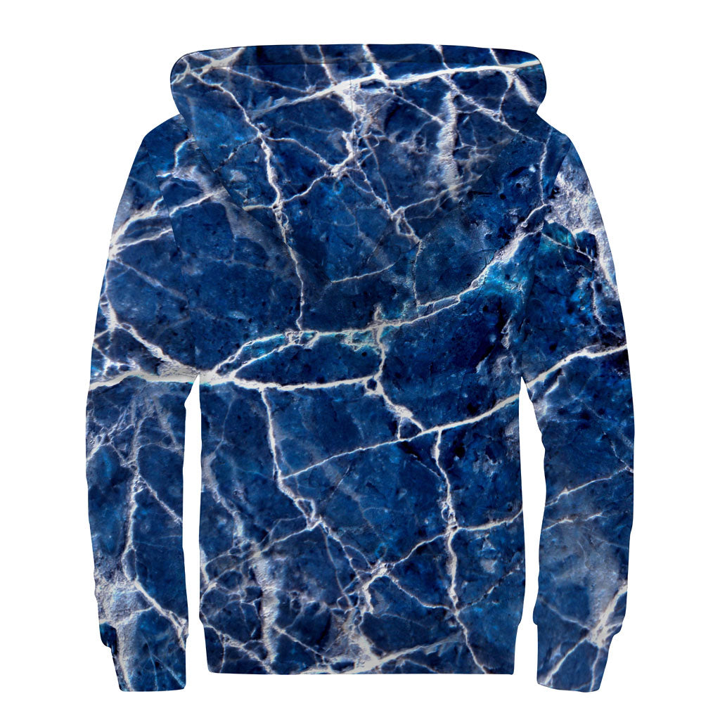 Blue White Marble Print Sherpa Lined Zip Up Hoodie