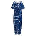 Blue White Marble Print Short Sleeve Long Nightdress