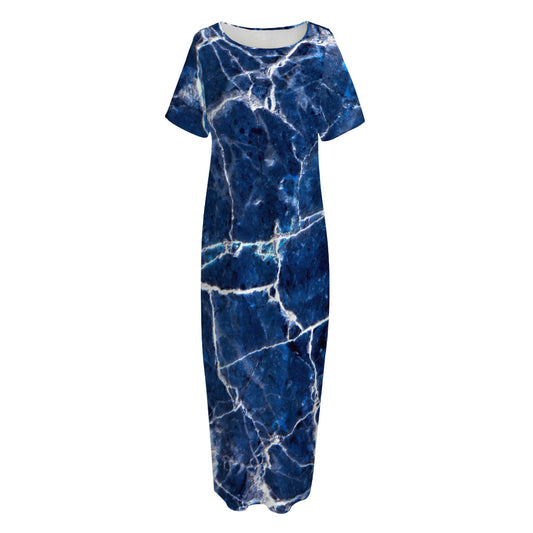 Blue White Marble Print Short Sleeve Long Nightdress