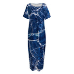 Blue White Marble Print Short Sleeve Long Nightdress