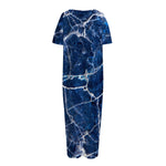 Blue White Marble Print Short Sleeve Long Nightdress