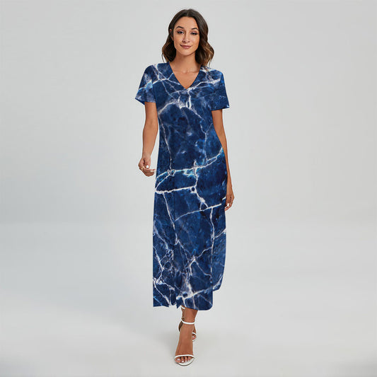 Blue White Marble Print Short Sleeve Maxi Dress