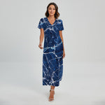Blue White Marble Print Short Sleeve Maxi Dress