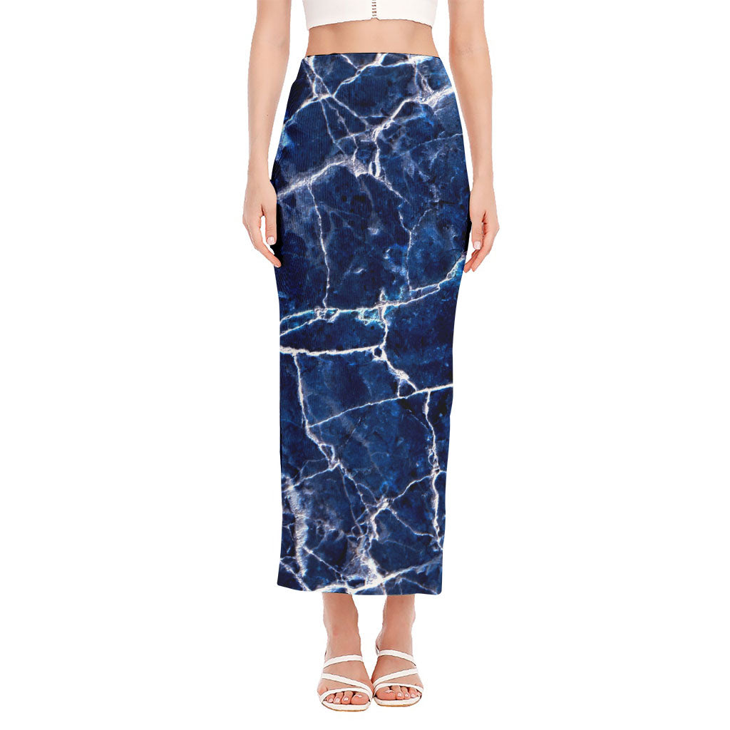 Blue White Marble Print Side Slit Maxi Skirt