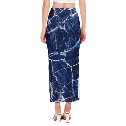 Blue White Marble Print Side Slit Maxi Skirt