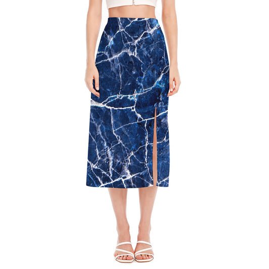 Blue White Marble Print Side Slit Midi Skirt