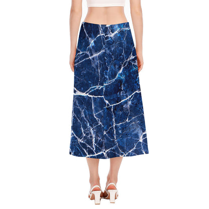 Blue White Marble Print Side Slit Midi Skirt