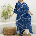 Blue White Marble Print Silk V-Neck Kaftan Dress