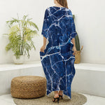 Blue White Marble Print Silk V-Neck Kaftan Dress