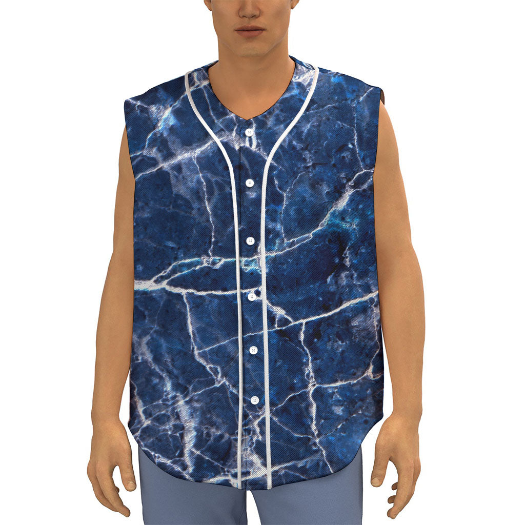Blue White Marble Print Sleeveless Baseball Jersey