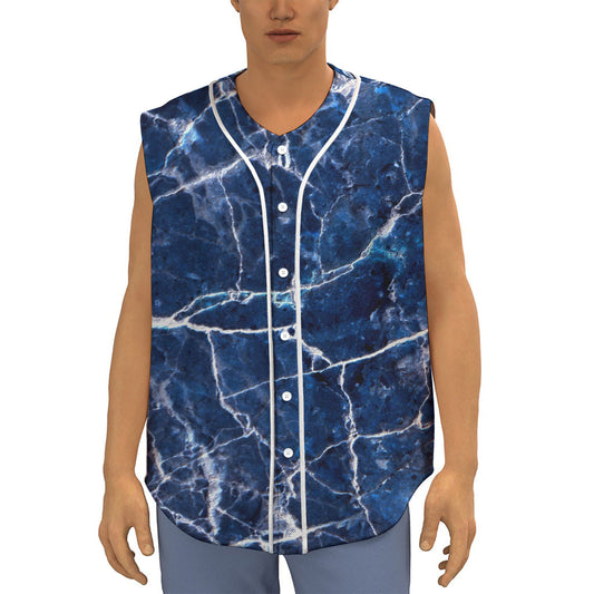 Blue White Marble Print Sleeveless Baseball Jersey