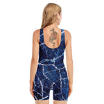 Blue White Marble Print Sleeveless One Piece Swimsuit