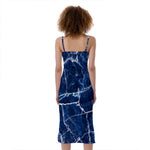 Blue White Marble Print Slim Fit Midi Cami Dress