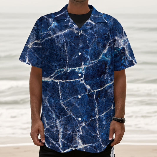 Blue White Marble Print Textured Short Sleeve Shirt