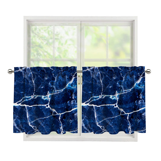 Blue White Marble Print Tier Curtains