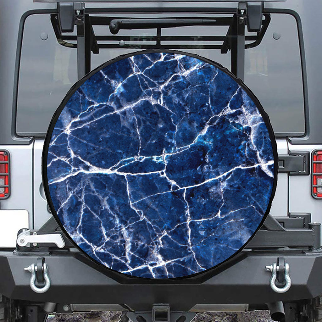 Blue White Marble Print Tire Cover