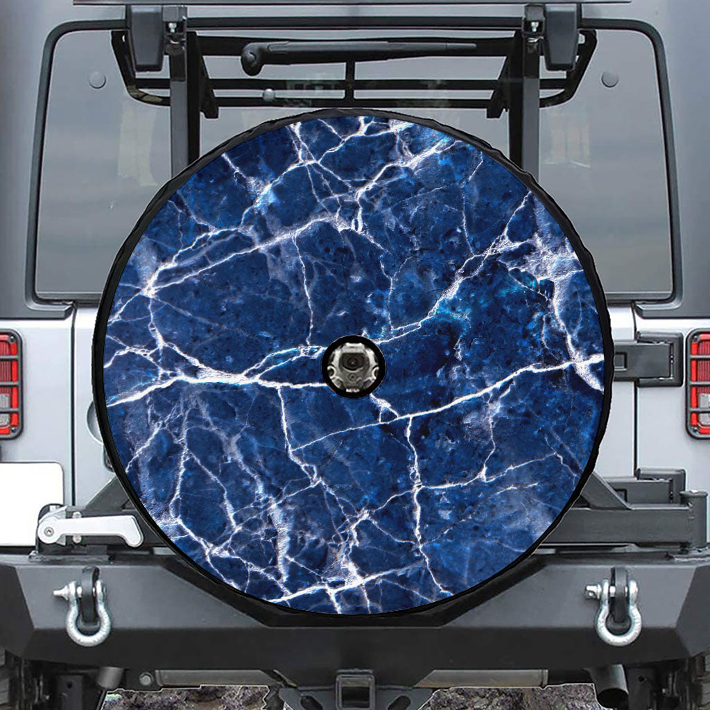 Blue White Marble Print Tire Cover With Camera Hole