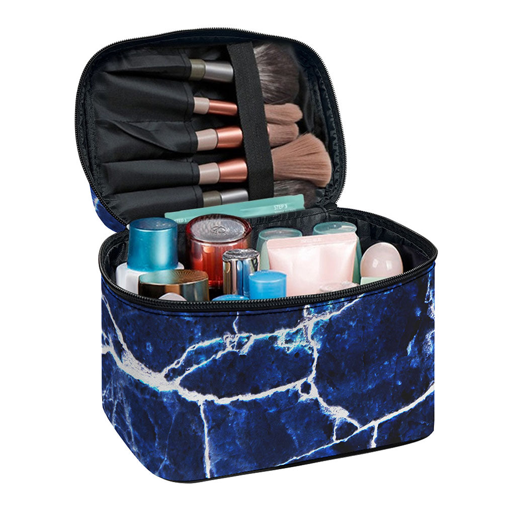 Blue White Marble Print Travel Makeup Bag