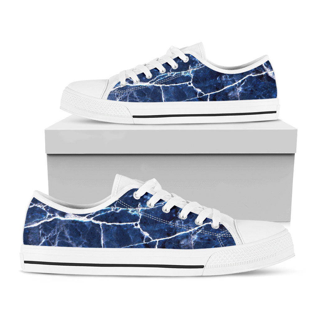 Blue White Marble Print White Low Top Sneakers
