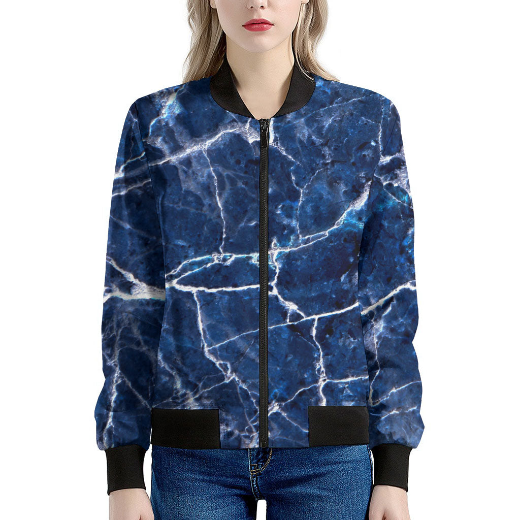 Blue White Marble Print Women's Bomber Jacket