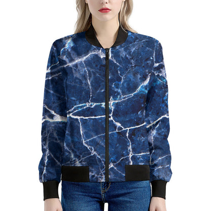 Blue White Marble Print Women's Bomber Jacket