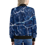 Blue White Marble Print Women's Bomber Jacket