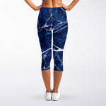 Blue White Marble Print Women's Capri Leggings