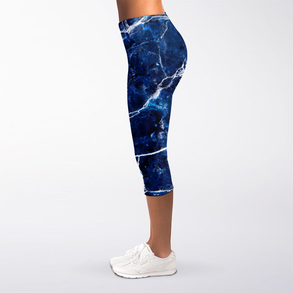Blue White Marble Print Women's Capri Leggings