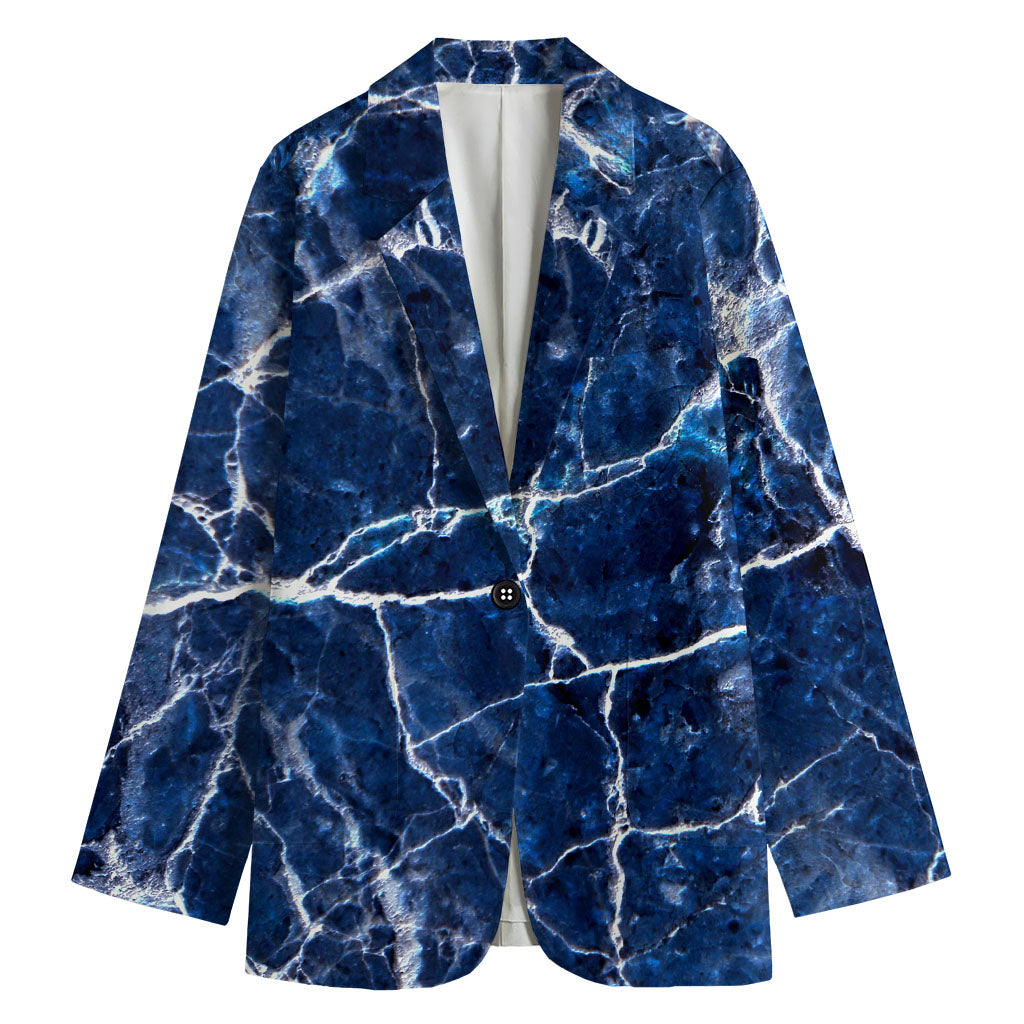Blue White Marble Print Women's Cotton Blazer