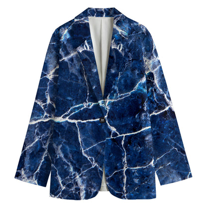 Blue White Marble Print Women's Cotton Blazer