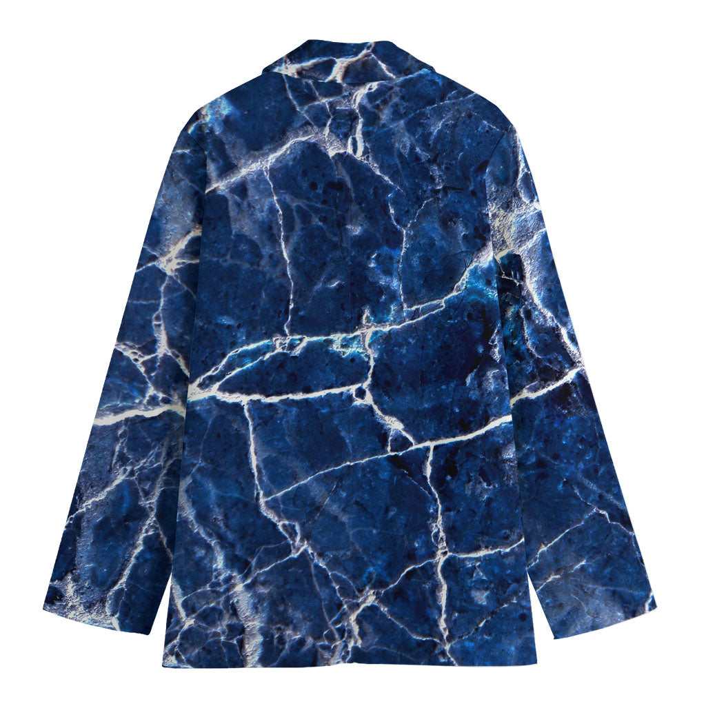 Blue White Marble Print Women's Cotton Blazer