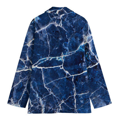 Blue White Marble Print Women's Cotton Blazer